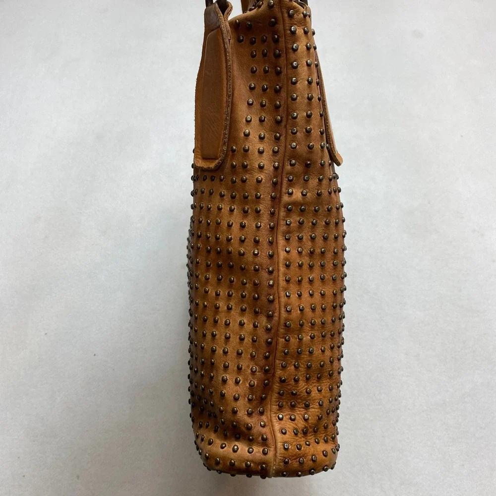 Platania Brown Leather Studded Double Handles Large Tote Shoulder Bag - Italy